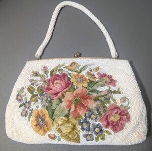 VTG 60s Glass Beaded Evening Bag Purse Embroidered Petit Point Needlepoint Ivory